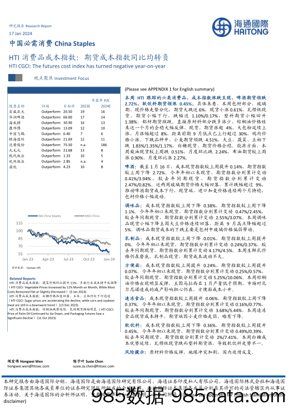 中国必需消费：HTI消费品成本指数：期货成本指数同比均转负-20240117-海通国际