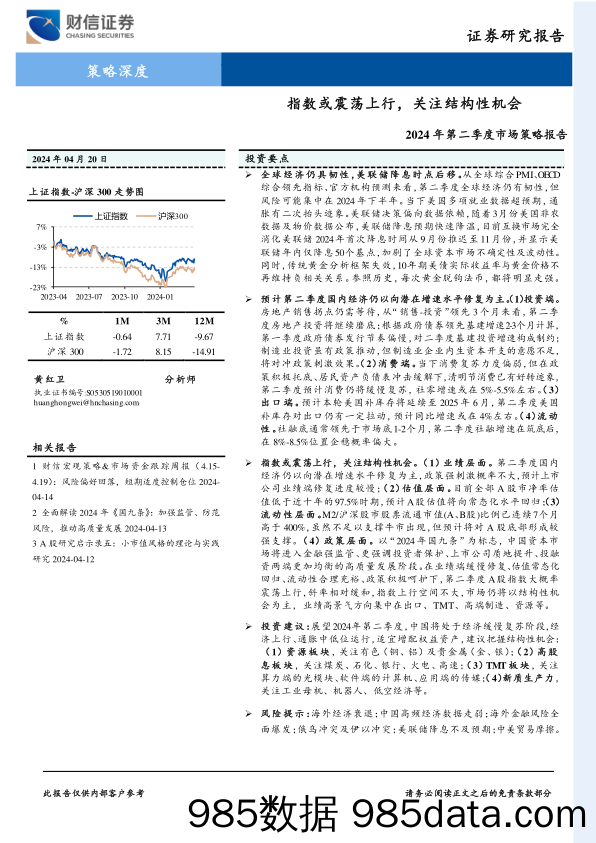 2024年第二季度市场策略报告：指数或震荡上行，关注结构性机会_财信证券