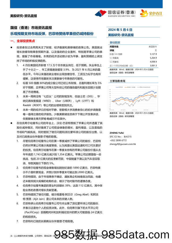 市场资讯晨报：乐观预期支持市场反弹，巴菲特赞扬苹果但仍减持股份_国信证券(香港)经纪