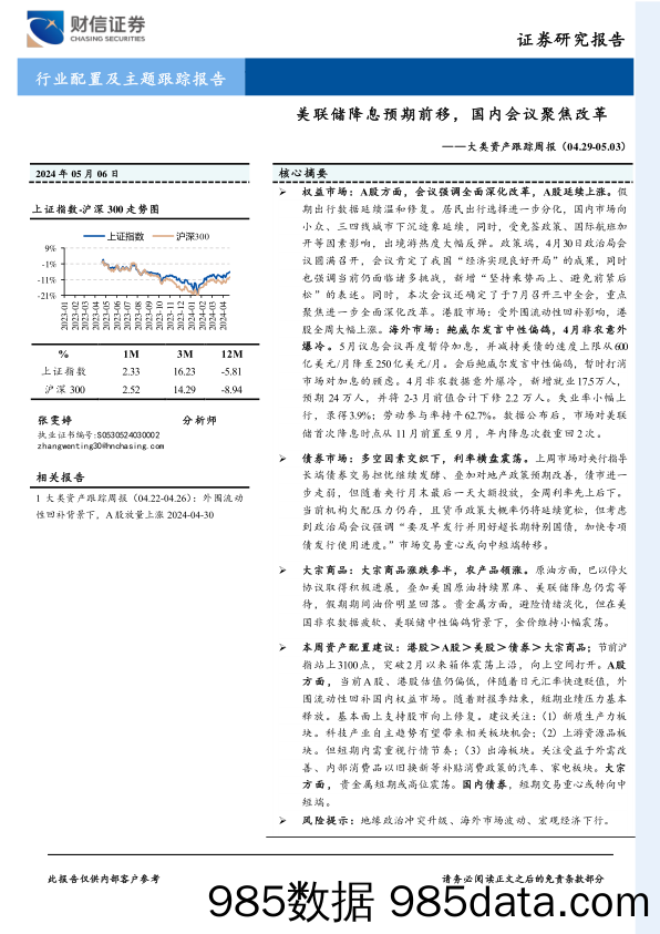 大类资产跟踪周报：美联储降息预期前移，国内会议聚焦改革_财信证券