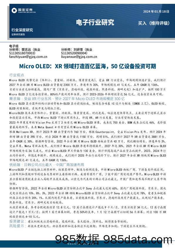 电子行业研究：Micro OLED：XR领域打造百亿蓝海，50亿设备投资可期-20240118-国金证券