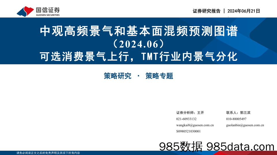 中观高频景气和基本面混频预测图谱（2024.06）：可选消费景气上行，TMT行业内景气分化_国信证券