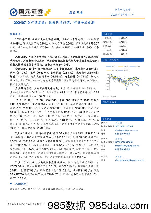 市场复盘：指数再度回调，市场午后走弱_国元证券