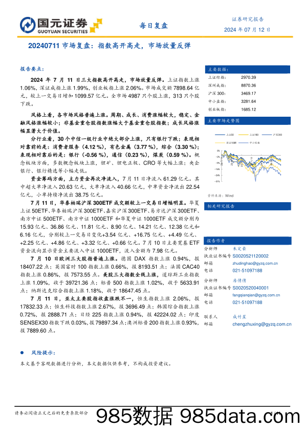 市场复盘：指数高开高走，市场放量反弹_国元证券