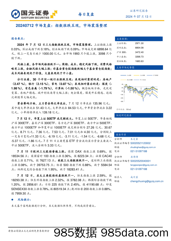 市场复盘：指数涨跌互现，市场震荡整理_国元证券