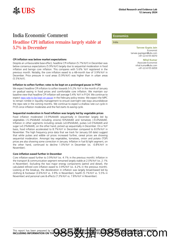 UBS Economics-India Economic Comment _Headline CPI inflation remains large...-105899994