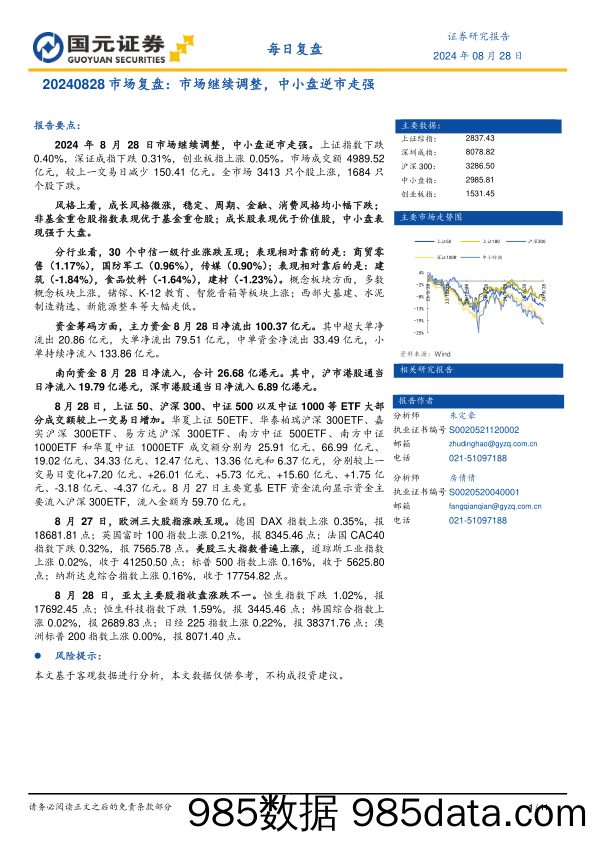 市场复盘：市场继续调整，中小盘逆市走强_国元证券