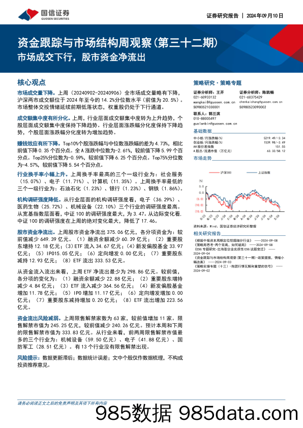 资金跟踪与市场结构周观察（第三十二期）：市场成交下行，股市资金净流出_国信证券