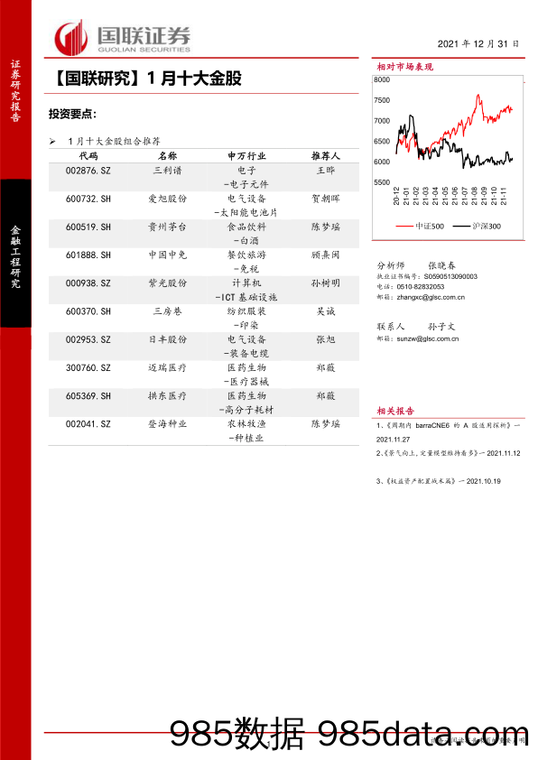 【国联研究】1月十大金股_国联证券