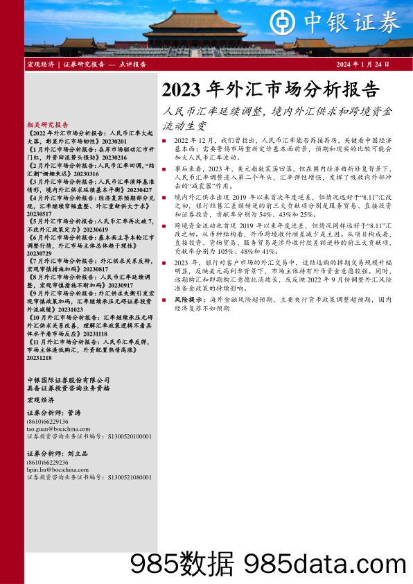 2023年外汇市场分析报告：人民币汇率延续调整，境内外汇供求和跨境资金流动生变-20240124-中银证券