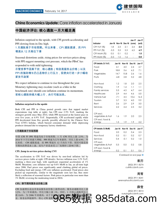 中国经济评论：核心通胀一月大幅走高_建银国际证券