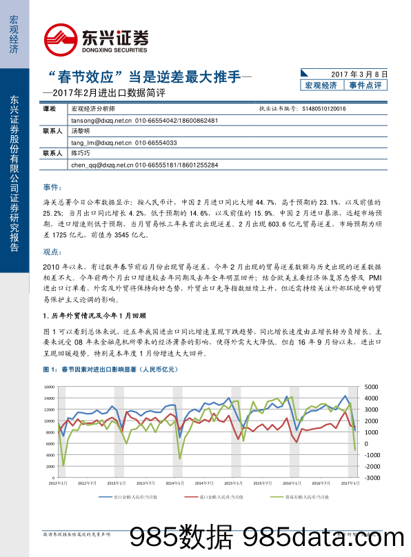 2017年2月进出口数据简评：“春节效应”当是逆差最大推手_东兴证券