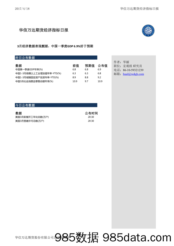 华信万达期货经济指标日报：3月经济数据表现靓丽，中国一季度GDP6.9%好于预期_上海华信证券