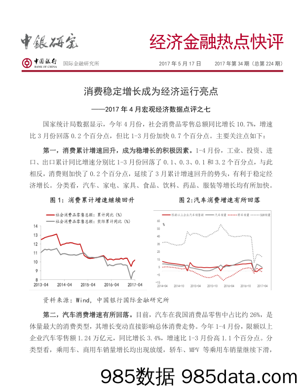 2017年4月宏观经济数据点评之七：消费稳定增长成为经济运行亮点_中国银行