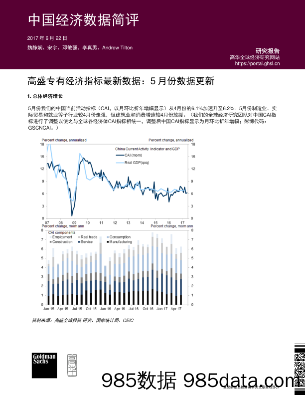 中国经济数据简评：高盛专有经济指标最新数据：5月份数据更新_北京高华证券