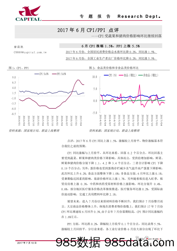 2017年6月CPI PPI点评：CPI受蔬果和猪肉价格影响环比继续回落_群益证券