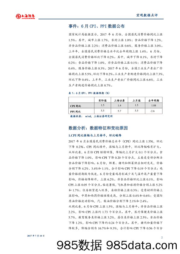 2017年6月物价数据点评：通缩通胀皆无 货币稳中偏紧延续_上海证券插图1