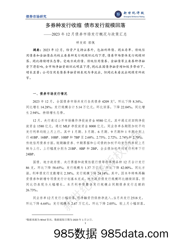 多券种发行收缩 债市发行规模回落——2023年12月债券市场发行概况与政策汇总