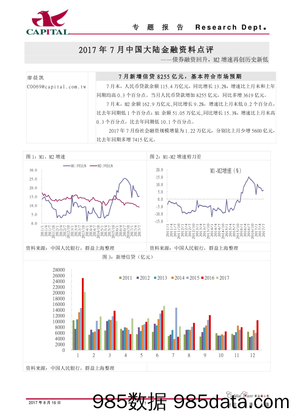 2017年7月中国大陆金融资料点评：债券融资回升，M2增速再创历史新低_群益证券