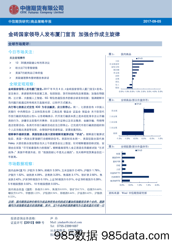 商品策略早报：金砖国家领导人发布厦门宣言 加强合作成主旋律_中信期货