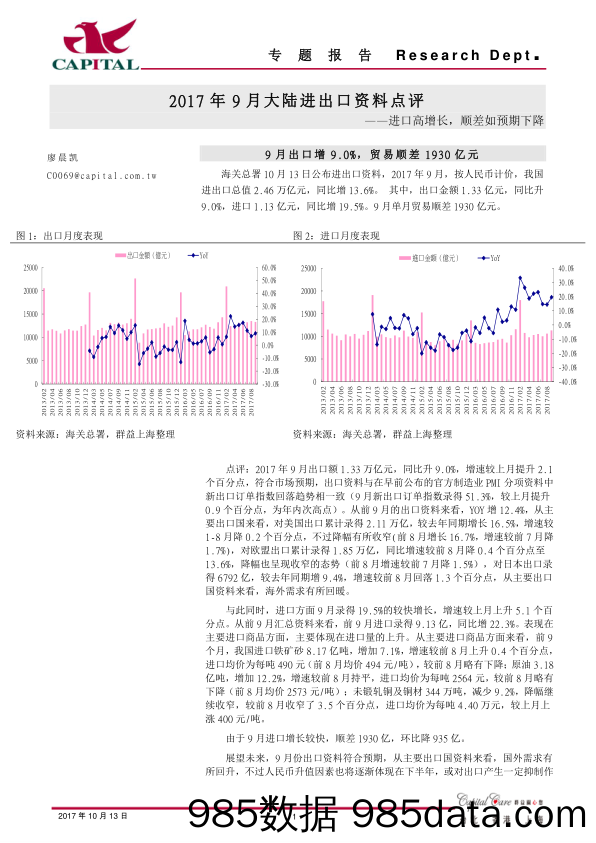 2017年9月大陆进出口资料点评：进口高增长，顺差如预期下降_群益证券(香港)