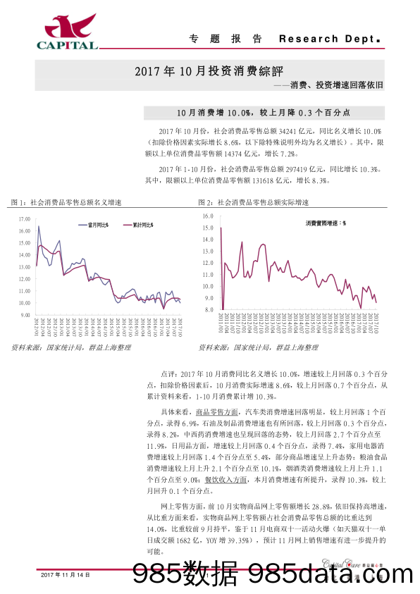 2017年10月投资消费综评：消费、投资增速回落依旧_群益证券