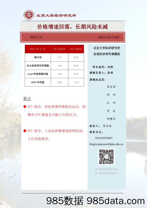 2017年11月CPI、PPI数据点评：价格增速回落，长期风险未减_北京大学经济研究所