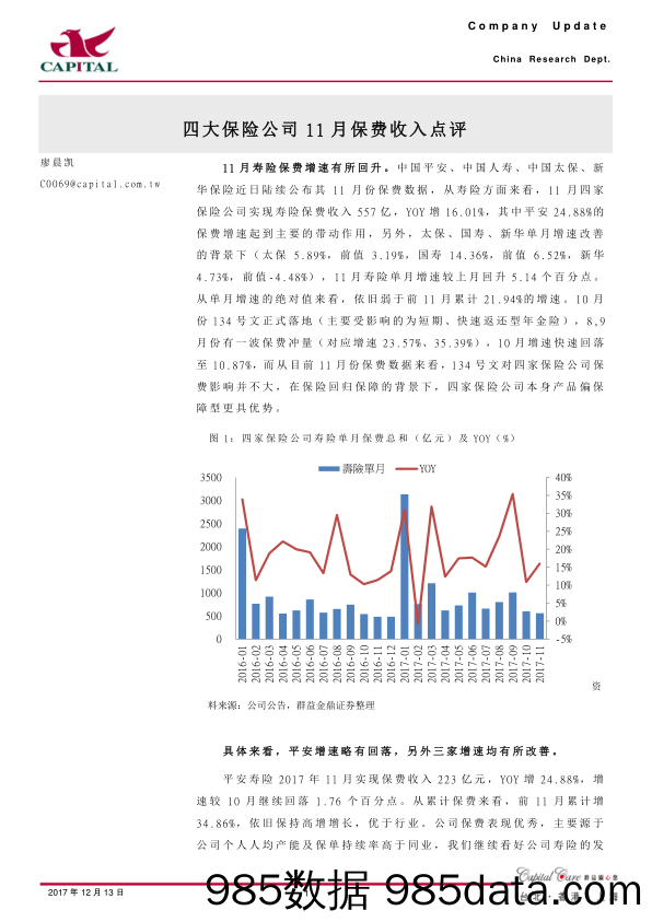 四大保险公司11月保费收入点评_群益证券