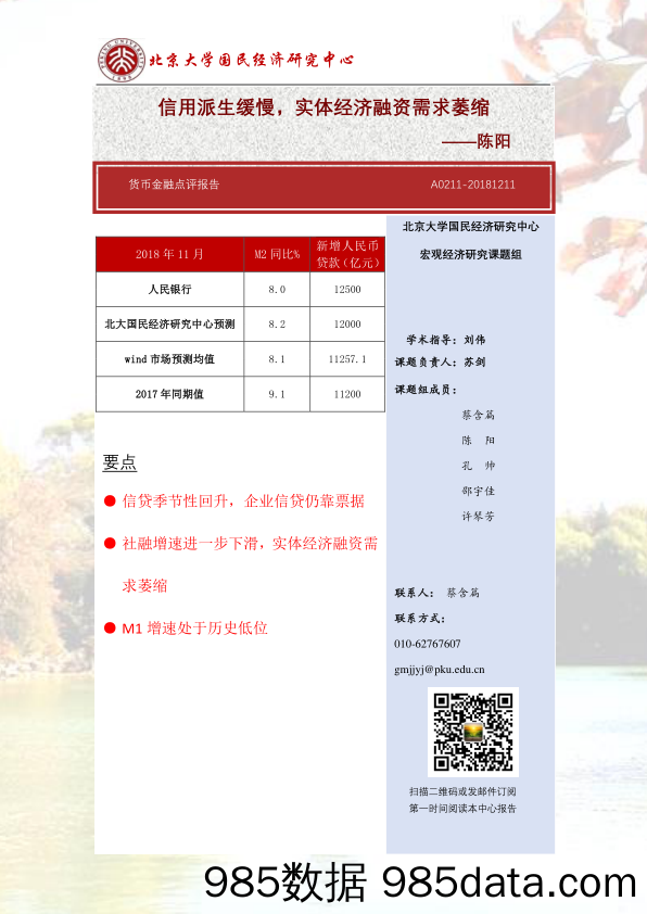 货币金融点评报告：信用派生缓慢，实体经济融资需求萎缩_北大国民经济研究中心