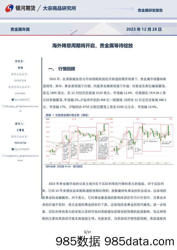 贵金属年报：海外降息周期将开启，贵金属等待绽放-20231228-银河期货