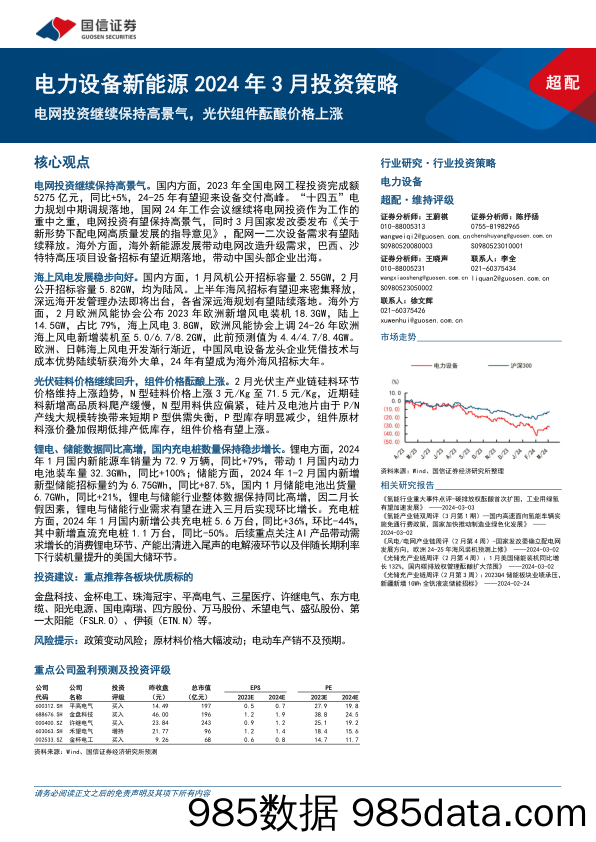 电力设备新能源2024年3月投资策略：电网投资继续保持高景气，光伏组件酝酿价格上涨-240306-国信证券