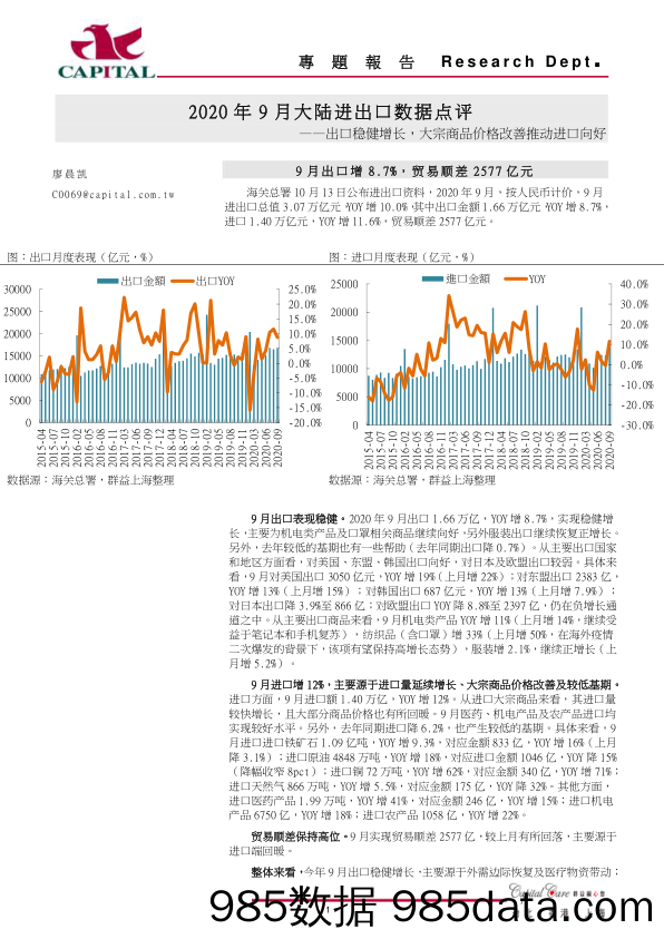 2020年9月大陆进出口数据点评：出口稳健增长，大宗商品价格改善推动进口向好_群益证券