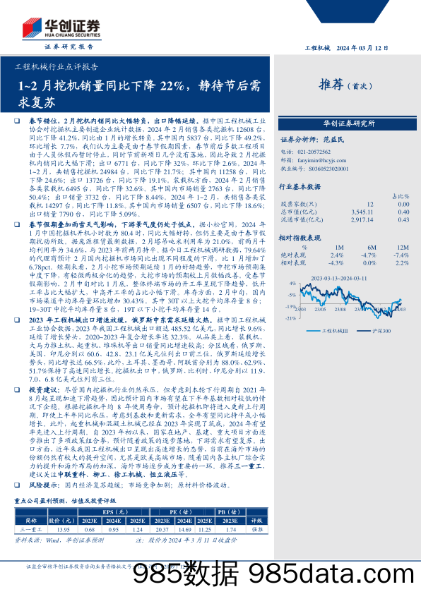 工程机械行业点评报告：1-2月挖机销量同比下降22%25，静待节后需求复苏-240312-华创证券