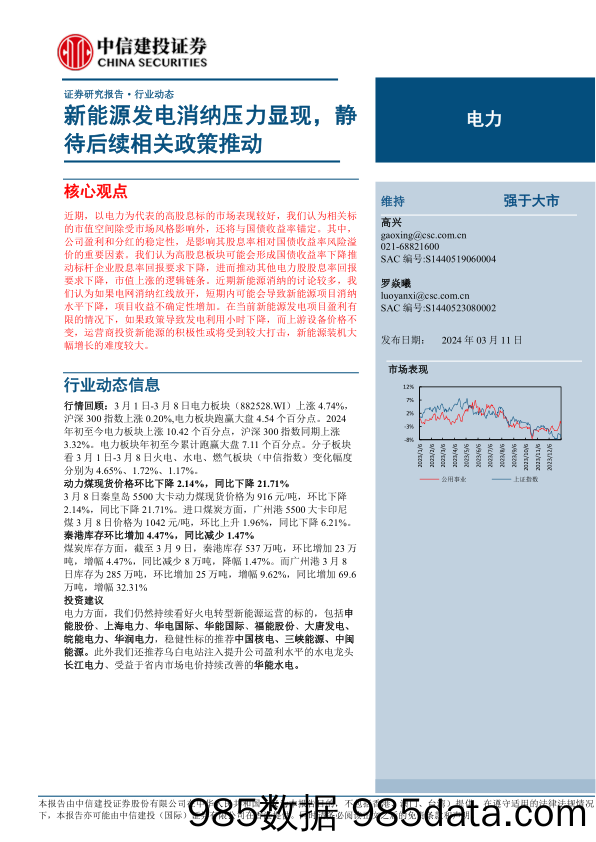 电力行业：新能源发电消纳压力显现，静待后续相关政策推动-240311-中信建投