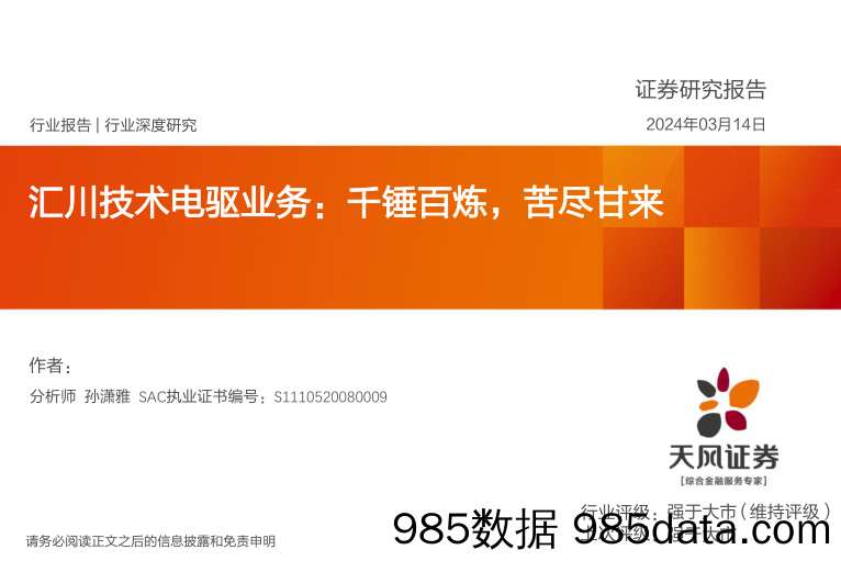 电气设备行业汇川技术电驱业务：千锤百炼，苦尽甘来-240314-天风证券