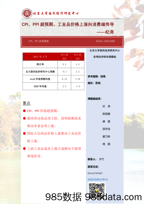 CPI、PPI点评报告：CPI、PPI超预期，工业品价格上涨向消费端传导_北大国民经济研究中心