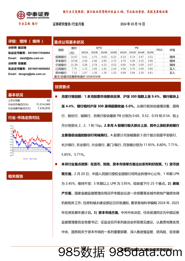 银行业月度跟踪：银行板块录得绝对收益4.4%25；节后板块普涨、高股息策略延续-240310-中泰证券