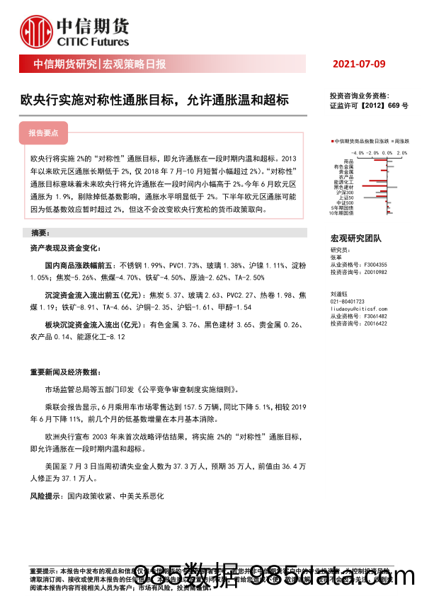 宏观策略日报：欧央行实施对称性通胀目标，允许通胀温和超标_中信期货