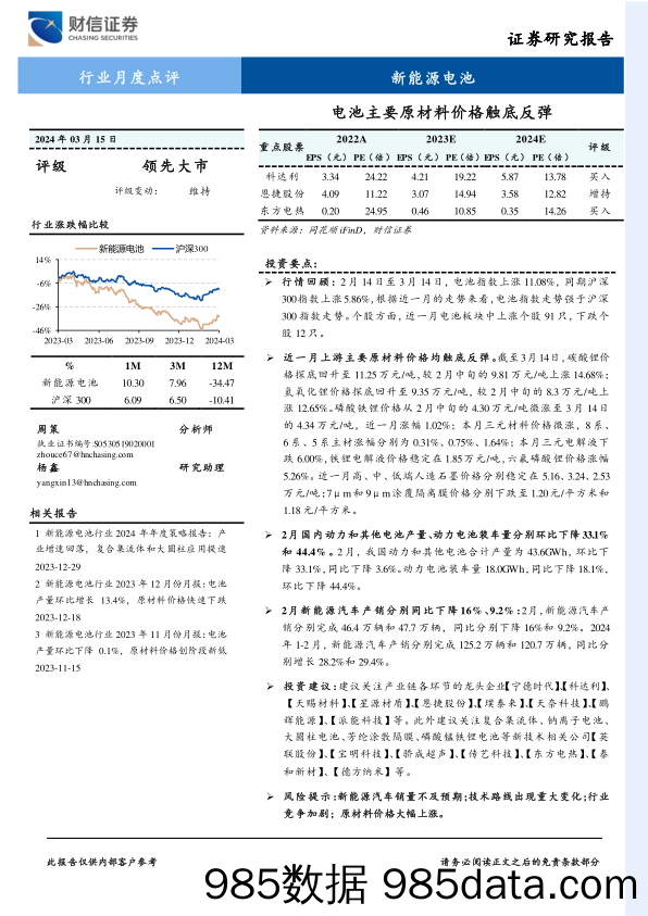 新能源电池行业月度点评：电池主要原材料价格触底反弹-240315-财信证券插图