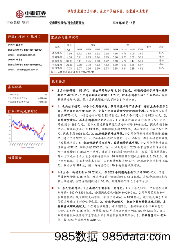 银行业银行角度看2月社融：企业中长期不弱，总量看未来需求-240316-中泰证券