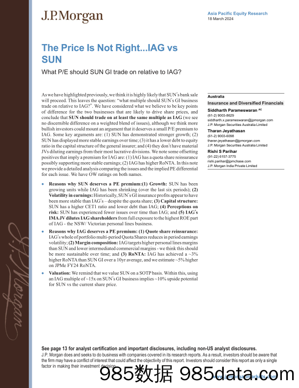 JPMorgan-The Price Is Not Right...IAG vs SUN What PE should SUN GI t...-107091369