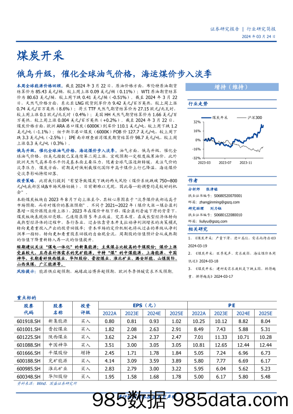 煤炭开采行业研究简报：俄乌升级，催化全球油气价格，海运煤价步入淡季-240324-国盛证券