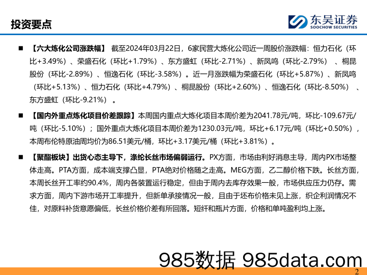 石油石化行业：化工品价差整体收窄，长丝下游采购仍相对谨慎-240324-东吴证券插图1