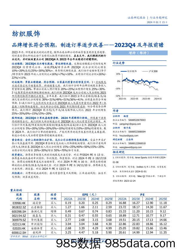 【服饰服装报告】纺织服饰2023Q4及年报前瞻：品牌增长符合预期，制造订单逐步改善-20240115-国盛证券