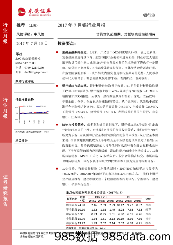 2017年7月银行业月报：信贷增长超预期，对板块表现继续期待_东莞证券