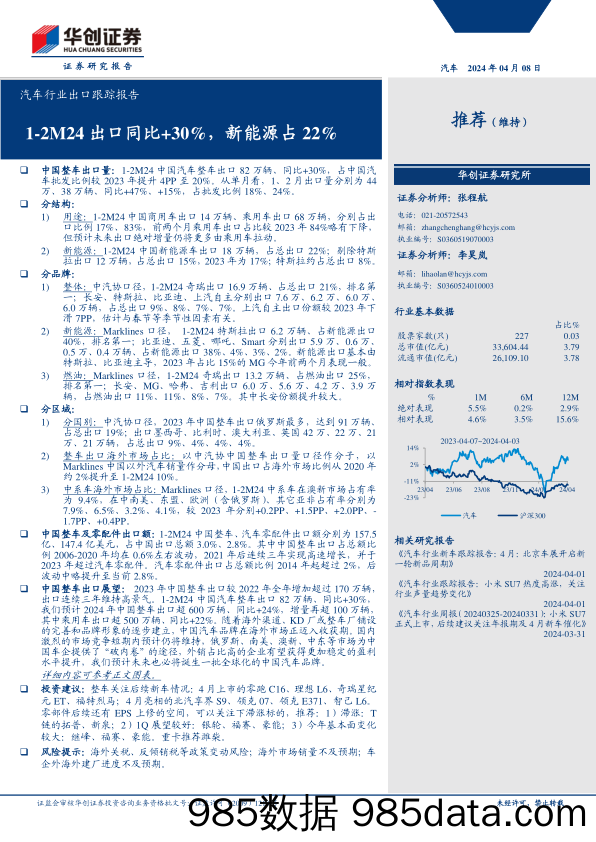 汽车行业出口跟踪报告：1-2M24出口同比%2b30%25，新能源占22%25-240408-华创证券