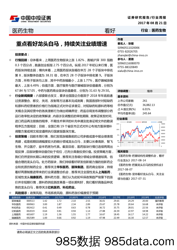 医药生物行业周报：重点看好龙头白马，持续关注业绩增速_中投证券