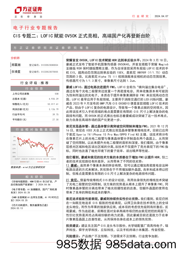 电子行业专题报告-CIS专题二：LOFIC赋能OV50K正式亮相，高端国产化再登新台阶-240407-方正证券