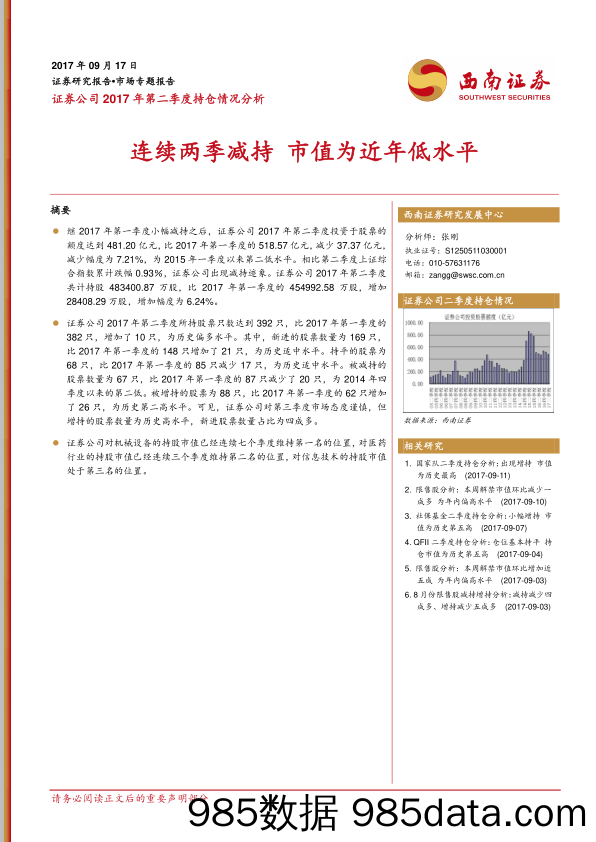 证券公司2017年第二季度持仓情况分析：连续两季减持 市值为近年低水平_西南证券