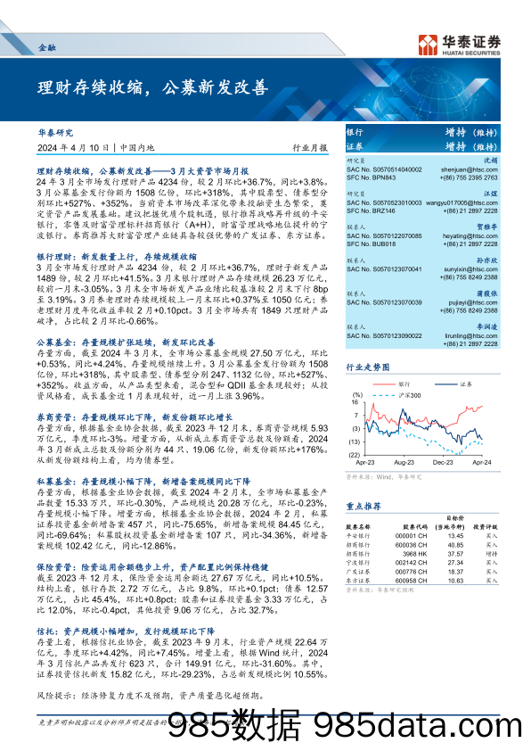 金融行业月报：理财存续收缩，公募新发改善-240410-华泰证券插图